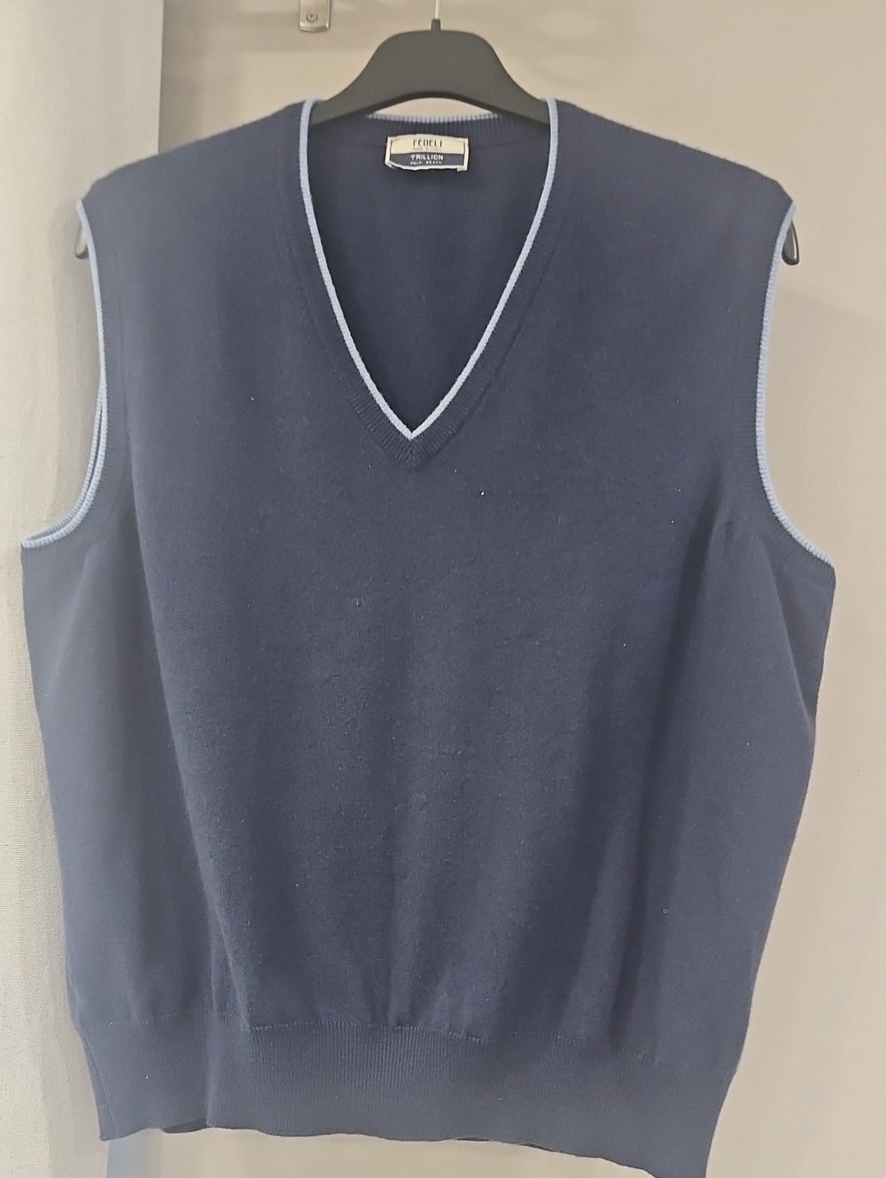V-Neck Navy Sweater Vest with Light Blue Trim